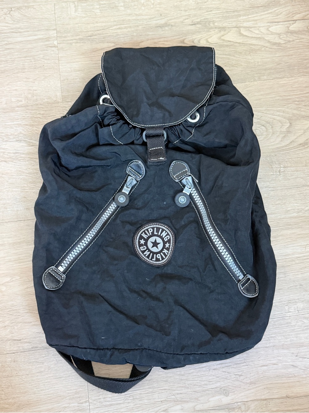 Kipling Black Nylon Drawstring Backpack with Zip Accents